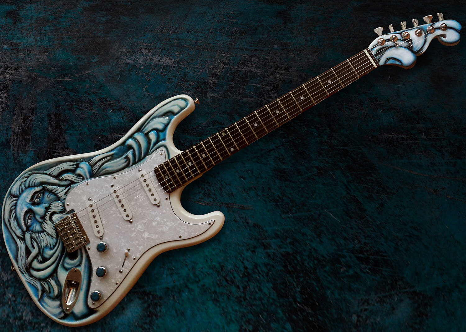Old Man Winter Themed Custom Carved & Painted Squier Bullet Stratocaster