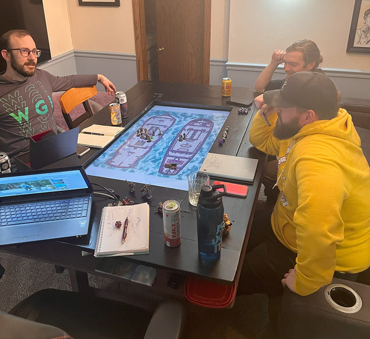 DnD gaming session on new custom TV gaming table.